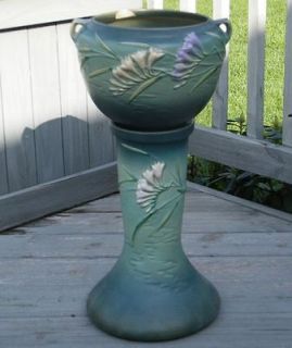 Newly listed ANTIQUE FREESIA GREEN BLUE ROSEVILLE JARDINIERE PEDESTAL 
