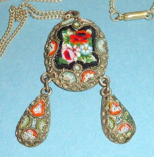 Antique Italian Micro Mosaic Necklace 2 Drop Pendant & Chain