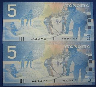 2001 Canada 5 Dollar Bill PAIR EARLY AOA PREFIX MINT CRISP UNC NO 