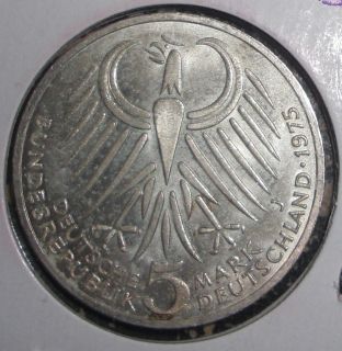 1975J Germany 5 mark, Friedrick Ebert / Eagle, silver coin