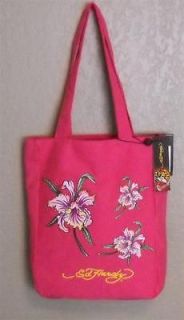 Ed Hardy Flower Ness Tote Purse Pink Canvas Bookbag Handbag NWT