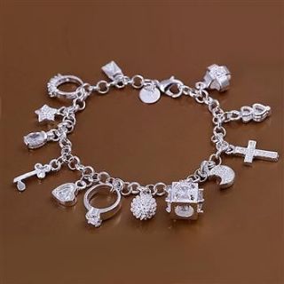 Wholesale 925Sterling Silver Star Moon Cross 13 Charms Chain Bracelet 
