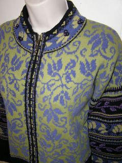 ICELANDIC Design LINED Full Zip Wool Cotton Blue Green Sweater Jacket 