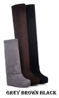 S3768 Women Grey Brown Black Warm Over The Knee Platform Wedge Boots 