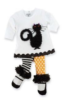 Mud Pie Baby girls Infant Cat Tunic and Tight Set, White/Black/Orange 