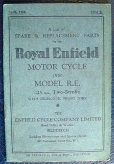 ROYAL ENFIELD MODEL RE 125cc   MOTORCYCLE SPARE PARTS LIST   1950 #S 