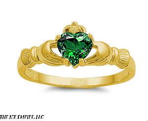    Gold Plated Sterling Silver GREEN EMERALD IRISH HEART Claddagh Ring