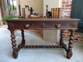 Antique FRENCH Carved Oak Barley Twist Library Desk Table Bureau Plat
