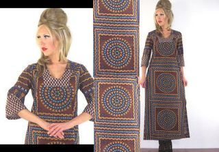 Vintage 60s 70s Boho CAFTAN DRESS Exotic Print Dashiki Hippie S M