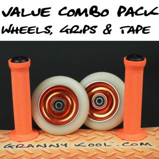 Orange White Metal Core Scooter Wheels + Orange Handle Bar Grips 