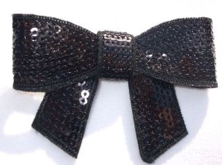 BLACK fabric EMBROIDERY SEQUIN BOW iron on HOTFIX patch TRANSFER