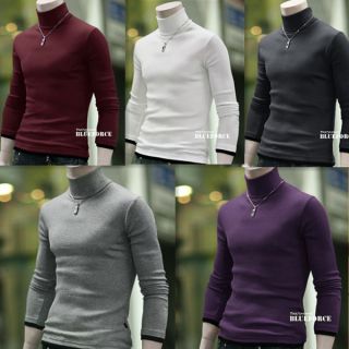 Mens Slim fit Casual Long Sleeve Solid Color High Necked Sweater T 