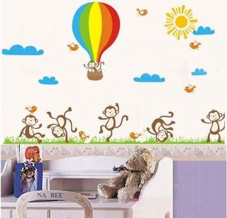 90*60cm Dancing Monkey Hot Air Balloon Wall Sticker Nursery Kids Room 