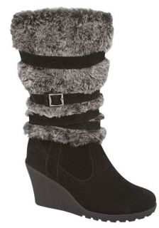   Moda Womens Great 30 Black Wedge Heel Faux Suede Boot with Faux Fur
