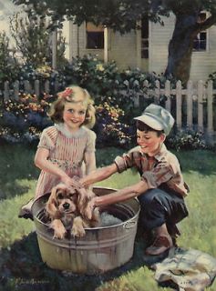 Children Dog Bath In Washtub F. Sands Brunner 1940 Original Antique 