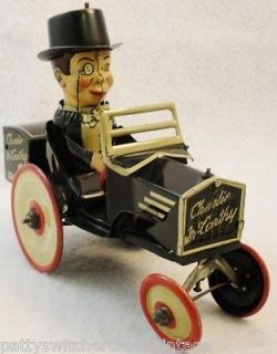 Antique Charlie McCarthy Benzine Buggy Red Wheels Mar Tin Wind Up Toy 