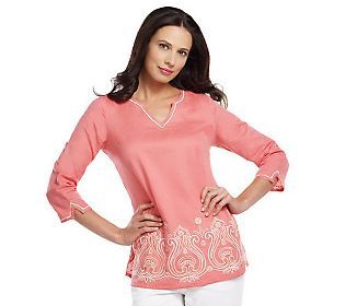 Isaac Mizrahi Live 3/4 Sleeve Tunic with Embroidery — 