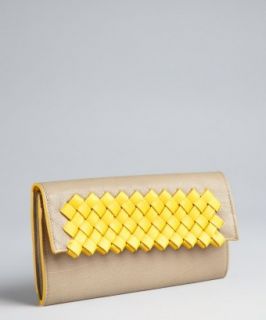 Bottega Veneta  beige and yellow intrecciato leather snap wallet 