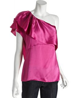 BCBGMAXAZRIA pink satin ruffled one shoulder blouse