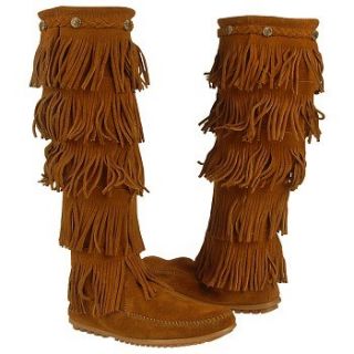Womens Minnetonka Moccasin 5 Layer Fringe Boot Brown Suede Shoes 