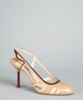 Prada beige and brown patent leather cutout slingback pumps