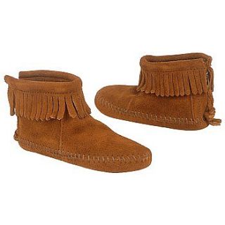 Kids Minnetonka Moccasin  Back Zipper Softsole Brown Suede Shoes 