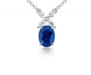 Sapphire and Marquise Diamond Pendant in 18k White Gold (8x6mm)  Blue 