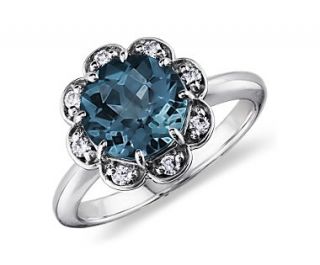 London Blue Topaz and Diamond Flower Ring in 14k White Gold  Blue 