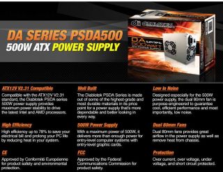 Diablotek PSDA500 DA Series ATX Power Supply   500W, Dual 80mm Fans 