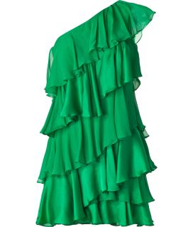Halston Heritage Grass Green One Shoulder Tiered Silk Dress  Damen 