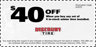 40 Off when you buy a set of 4 Tires or 4 Wheels installed. You must 