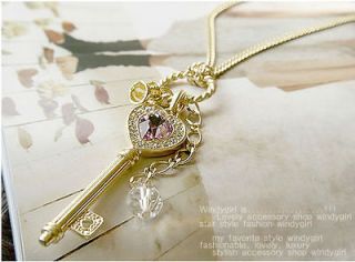   Jewelry Violet Crystal Love Key Crown Necklace Sweater Chain Gold
