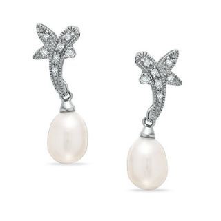 Cultured Freshwater Pearl and Diamond Leaf Earrings in 14K White Gold 