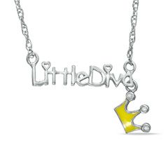 Childs Diamond Accent Little Diva with Yellow Enamel Crown Necklace 