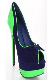 Blue Green Neon Patent Faux Suede Two Tone Peeptoe Bow Pump Heels 