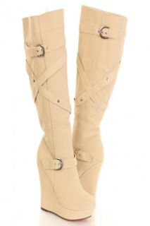 Beige Faux Suede Strappy Buckle Knee High Wedge Boots @ Amiclubwear 