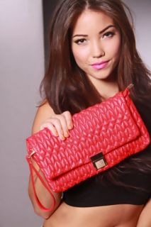 Red Faux Leather Stitched Quilted Clutch Handbag @ Amiclubwear 