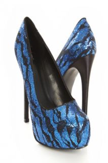 Blue Black Glitter Lace Overlay Platform Pump Heels @ Amiclubwear 