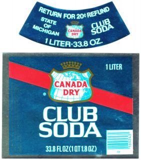 Old soda pop bottle label CANADA DRY CLUB SODA Michigan unused new old 