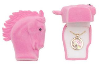 Girls Kids Pink Horse Pony Gold Necklace Chain in Pink Horse Velvet 
