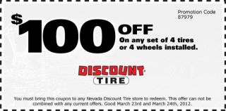 100 Off when you buy any set of 4 tires or 4 wheels installed. You 