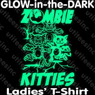 Ladies GLOW in the DARK Zombie Kitties Cat T SHIRT Halloween Party Tee 