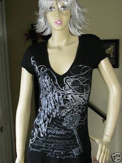 GUESS Black Monarch Crystal Heart V Neck Tee NWT