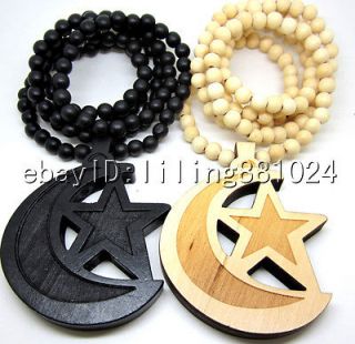   Quality Crescent Moon Star Islam Symbol Pendant Wooden Bead Necklaces