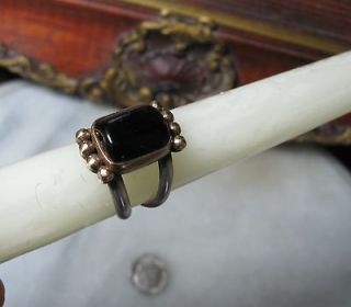   SILVER and SOLID 14K GOLD BLACK AMBER UNIZEX RING SIZE 7 & 6.5