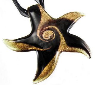   Gold Black Star Fish Murano Art Glass Pendant Ribbon Necklace Cords