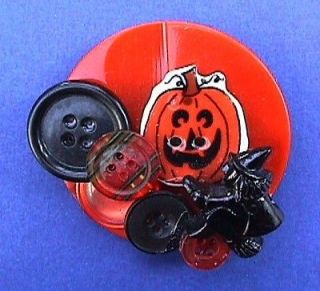 Halloween PIN Plastic WITCH Sewing BUTTONS Lot Vintage PUMPKIN Lapel 