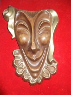 Vintage Comedy Mask Clown Chalkware Wall Plaque Brown & Gold