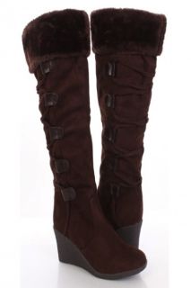 Brown Faux Suede Fur Lace Up Knee High Wedge Boots @ Amiclubwear Boots 