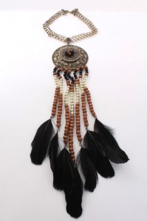 Antique Gold Multi Beaded Feather Pendant Necklace @ Amiclubwear 
